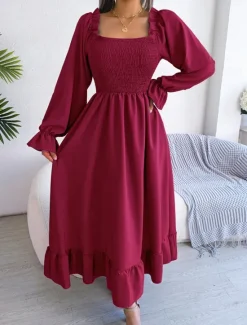 Clearance Women's Vintage Dress Midi Dress Patchwork Draped Elegant Formal Square Neck Long Sleeve Black Red Green Color Women Casual Dress