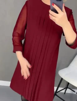 Hot Women's Vintage Dress Mini Dress Patchwork Shirred Elegant Formal Crew Neck Long Sleeve Black Red Green Color Women Work Dresses