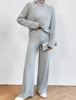 Outlet Women's Warm Neon & Bright Shirt Pants Sets Pants Trousers Long Sleeve Turtleneck Solid Color Casual Daily Black Army Green Blue Fall & Winter Regular Fit Women Two Piece Sets