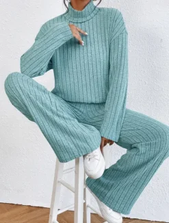 Outlet Women's Warm Neon & Bright Shirt Pants Sets Pants Trousers Long Sleeve Turtleneck Solid Color Casual Daily Black Army Green Blue Fall & Winter Regular Fit Women Two Piece Sets