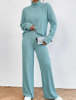 Outlet Women's Warm Neon & Bright Shirt Pants Sets Pants Trousers Long Sleeve Turtleneck Solid Color Casual Daily Black Army Green Blue Fall & Winter Regular Fit Women Two Piece Sets