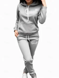 New Women's Warm Sports Hoodie Tracksuit Pants Sets Joggers Pants Trousers Long Sleeve Hooded Letter Drawstring Print Outdoor Casual Black Pink Wine Fall & Winter Regular Fit Women Two Piece Sets