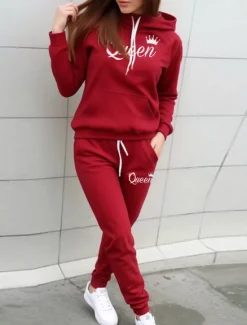 New Women's Warm Sports Hoodie Tracksuit Pants Sets Joggers Pants Trousers Long Sleeve Hooded Letter Drawstring Print Outdoor Casual Black Pink Wine Fall & Winter Regular Fit Women Two Piece Sets