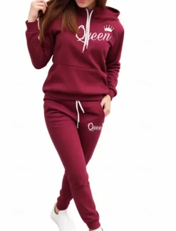 New Women's Warm Sports Hoodie Tracksuit Pants Sets Joggers Pants Trousers Long Sleeve Hooded Letter Drawstring Print Outdoor Casual Black Pink Wine Fall & Winter Regular Fit Women Two Piece Sets