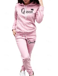New Women's Warm Sports Hoodie Tracksuit Pants Sets Joggers Pants Trousers Long Sleeve Hooded Letter Drawstring Print Outdoor Casual Black Pink Wine Fall & Winter Regular Fit Women Two Piece Sets