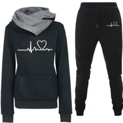 Clearance Women's Warm Sports Hoodie Tracksuit Pants Sets Joggers Pants Trousers Long Sleeve Hooded Heart Drawstring Print Outdoor Casual Black Blue Green Fall & Winter Regular Fit Women Two Piece Sets