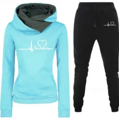 Clearance Women's Warm Sports Hoodie Tracksuit Pants Sets Joggers Pants Trousers Long Sleeve Hooded Heart Drawstring Print Outdoor Casual Black Blue Green Fall & Winter Regular Fit Women Two Piece Sets