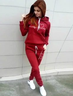 Hot Women's Warm Sports Hoodie Tracksuit Pants Sets Joggers Pants Trousers Long Sleeve Hooded Graphic Drawstring Print Outdoor Casual Black Pink Red Fall & Winter Regular Fit Women Two Piece Sets