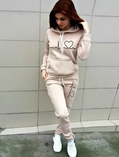 Hot Women's Warm Sports Hoodie Tracksuit Pants Sets Joggers Pants Trousers Long Sleeve Hooded Graphic Drawstring Print Outdoor Casual Black Pink Red Fall & Winter Regular Fit Women Two Piece Sets