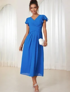 New Women's Wedding Guest Cocktail Dress Chiffon Ruched Ruffle Elegant Formal Wrap Midi Dress V Neck Ruffle Sleeve Blue Green Color Women Chiffon Dresses|Cocktail Dress