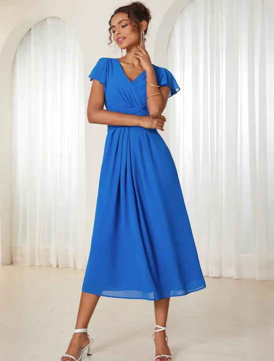 New Women's Wedding Guest Cocktail Dress Chiffon Ruched Ruffle Elegant Formal Wrap Midi Dress V Neck Ruffle Sleeve Blue Green Color Women Chiffon Dresses|Cocktail Dress