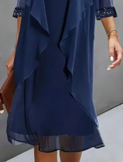 Sale Women's Wedding Guest Cocktail Dress Chiffon Daily Fashion Patchwork Sequin Casual Elegant Two Piece Dress Set Fall Winter Midi Dress Crew Neck 3/4 Length Sleeve Plain Women Chiffon Dresses|Work Dresses