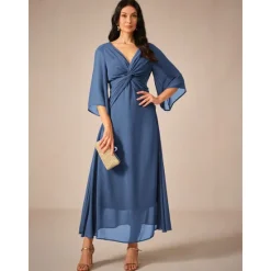 Clearance Women's Wedding Guest Cocktail Dress Chiffon Plain Ruffle Twisted Elegant Summer Maxi Dress V Neck Flared 3/4 Length Sleeve Women Cocktail Dress