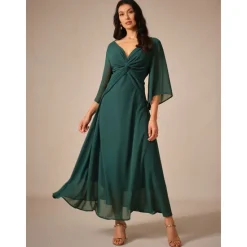 Clearance Women's Wedding Guest Cocktail Dress Chiffon Plain Ruffle Twisted Elegant Summer Maxi Dress V Neck Flared 3/4 Length Sleeve Women Cocktail Dress