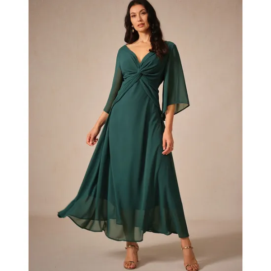 Clearance Women's Wedding Guest Cocktail Dress Chiffon Plain Ruffle Twisted Elegant Summer Maxi Dress V Neck Flared 3/4 Length Sleeve Women Cocktail Dress