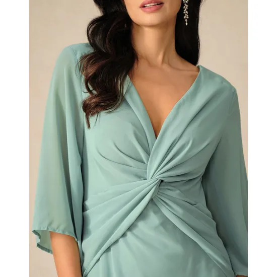 Clearance Women's Wedding Guest Cocktail Dress Chiffon Plain Ruffle Twisted Elegant Summer Maxi Dress V Neck Flared 3/4 Length Sleeve Women Cocktail Dress