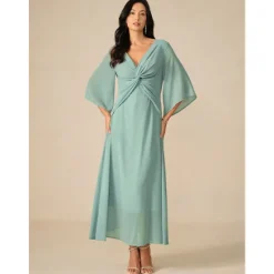 Clearance Women's Wedding Guest Cocktail Dress Chiffon Plain Ruffle Twisted Elegant Summer Maxi Dress V Neck Flared 3/4 Length Sleeve Women Cocktail Dress