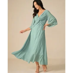Clearance Women's Wedding Guest Cocktail Dress Chiffon Plain Ruffle Twisted Elegant Summer Maxi Dress V Neck Flared 3/4 Length Sleeve Women Cocktail Dress