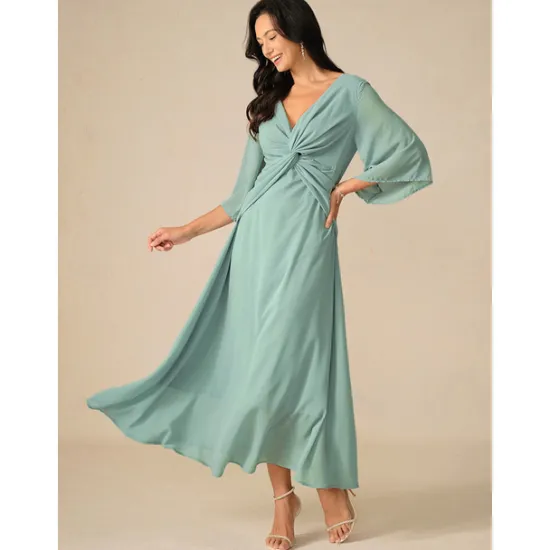 Clearance Women's Wedding Guest Cocktail Dress Chiffon Plain Ruffle Twisted Elegant Summer Maxi Dress V Neck Flared 3/4 Length Sleeve Women Cocktail Dress
