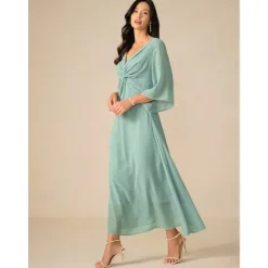 Clearance Women's Wedding Guest Cocktail Dress Chiffon Plain Ruffle Twisted Elegant Summer Maxi Dress V Neck Flared 3/4 Length Sleeve Women Cocktail Dress