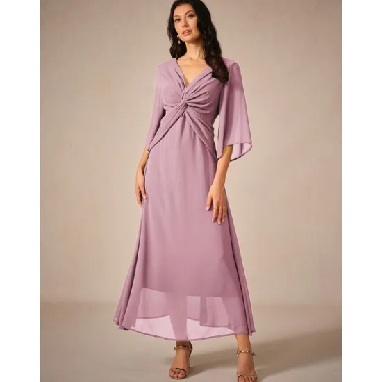 Clearance Women's Wedding Guest Cocktail Dress Chiffon Plain Ruffle Twisted Elegant Summer Maxi Dress V Neck Flared 3/4 Length Sleeve Women Cocktail Dress