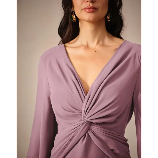 Clearance Women's Wedding Guest Cocktail Dress Chiffon Plain Ruffle Twisted Elegant Summer Maxi Dress V Neck Flared 3/4 Length Sleeve Women Cocktail Dress