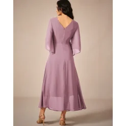 Clearance Women's Wedding Guest Cocktail Dress Chiffon Plain Ruffle Twisted Elegant Summer Maxi Dress V Neck Flared 3/4 Length Sleeve Women Cocktail Dress