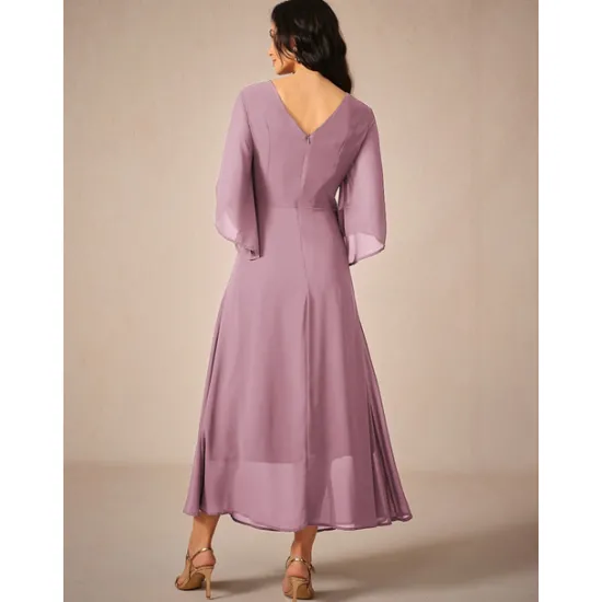 Clearance Women's Wedding Guest Cocktail Dress Chiffon Plain Ruffle Twisted Elegant Summer Maxi Dress V Neck Flared 3/4 Length Sleeve Women Cocktail Dress