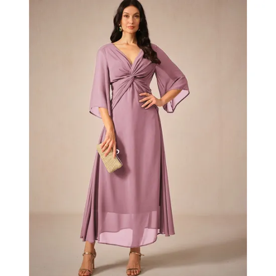 Clearance Women's Wedding Guest Cocktail Dress Chiffon Plain Ruffle Twisted Elegant Summer Maxi Dress V Neck Flared 3/4 Length Sleeve Women Cocktail Dress