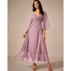 Clearance Women's Wedding Guest Cocktail Dress Chiffon Plain Ruffle Twisted Elegant Summer Maxi Dress V Neck Flared 3/4 Length Sleeve Women Cocktail Dress