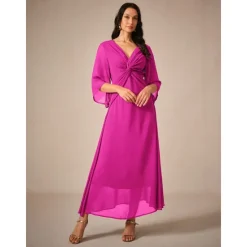 Clearance Women's Wedding Guest Cocktail Dress Chiffon Plain Ruffle Twisted Elegant Summer Maxi Dress V Neck Flared 3/4 Length Sleeve Women Cocktail Dress