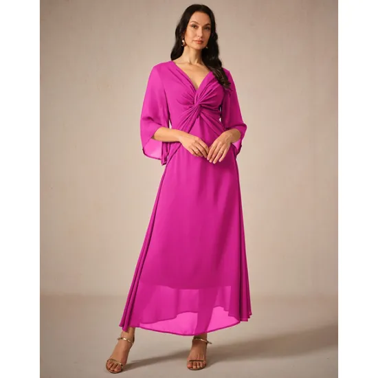 Clearance Women's Wedding Guest Cocktail Dress Chiffon Plain Ruffle Twisted Elegant Summer Maxi Dress V Neck Flared 3/4 Length Sleeve Women Cocktail Dress