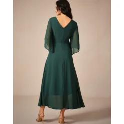 Clearance Women's Wedding Guest Cocktail Dress Chiffon Plain Ruffle Twisted Elegant Summer Maxi Dress V Neck Flared 3/4 Length Sleeve Women Cocktail Dress