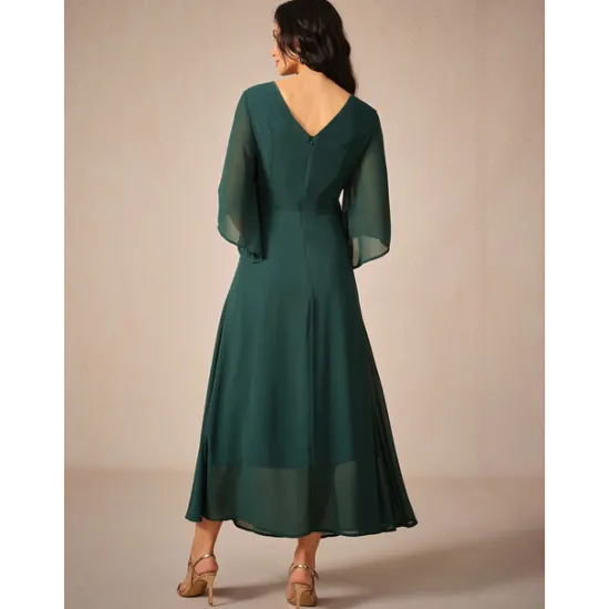 Clearance Women's Wedding Guest Cocktail Dress Chiffon Plain Ruffle Twisted Elegant Summer Maxi Dress V Neck Flared 3/4 Length Sleeve Women Cocktail Dress