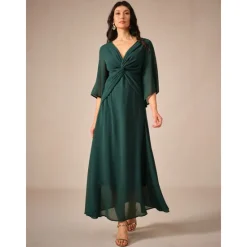 Clearance Women's Wedding Guest Cocktail Dress Chiffon Plain Ruffle Twisted Elegant Summer Maxi Dress V Neck Flared 3/4 Length Sleeve Women Cocktail Dress