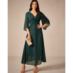 Clearance Women's Wedding Guest Cocktail Dress Chiffon Plain Ruffle Twisted Elegant Summer Maxi Dress V Neck Flared 3/4 Length Sleeve Women Cocktail Dress