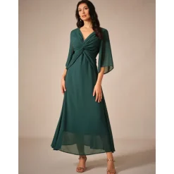 Clearance Women's Wedding Guest Cocktail Dress Chiffon Plain Ruffle Twisted Elegant Summer Maxi Dress V Neck Flared 3/4 Length Sleeve Women Cocktail Dress