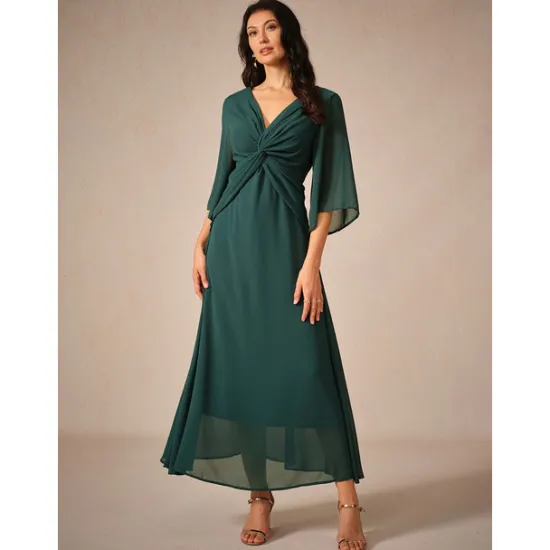 Clearance Women's Wedding Guest Cocktail Dress Chiffon Plain Ruffle Twisted Elegant Summer Maxi Dress V Neck Flared 3/4 Length Sleeve Women Cocktail Dress