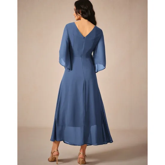 Clearance Women's Wedding Guest Cocktail Dress Chiffon Plain Ruffle Twisted Elegant Summer Maxi Dress V Neck Flared 3/4 Length Sleeve Women Cocktail Dress