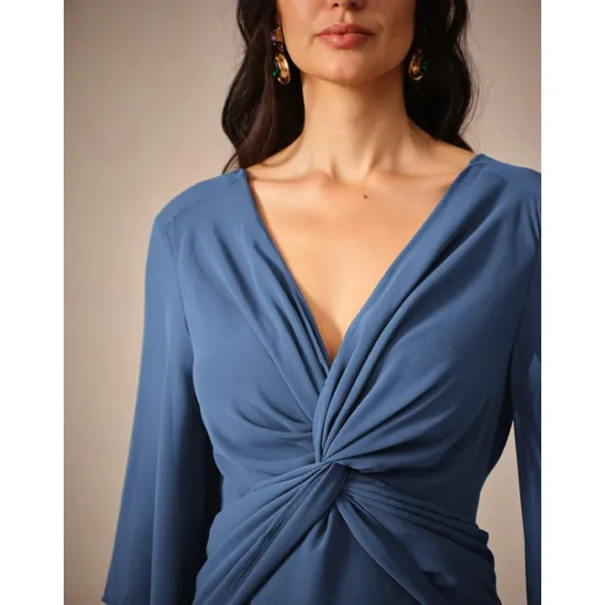 Clearance Women's Wedding Guest Cocktail Dress Chiffon Plain Ruffle Twisted Elegant Summer Maxi Dress V Neck Flared 3/4 Length Sleeve Women Cocktail Dress