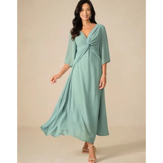 Clearance Women's Wedding Guest Cocktail Dress Chiffon Plain Ruffle Twisted Elegant Summer Maxi Dress V Neck Flared 3/4 Length Sleeve Women Cocktail Dress