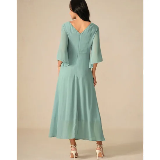 Clearance Women's Wedding Guest Cocktail Dress Chiffon Plain Ruffle Twisted Elegant Summer Maxi Dress V Neck Flared 3/4 Length Sleeve Women Cocktail Dress