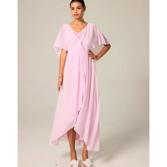 New Women's Wedding Guest Cocktail Dress Chiffon Lace Split Elegant Formal A Line Maxi Dress V Neck Short Sleeve Color Women Cocktail Dress|Chiffon Dresses