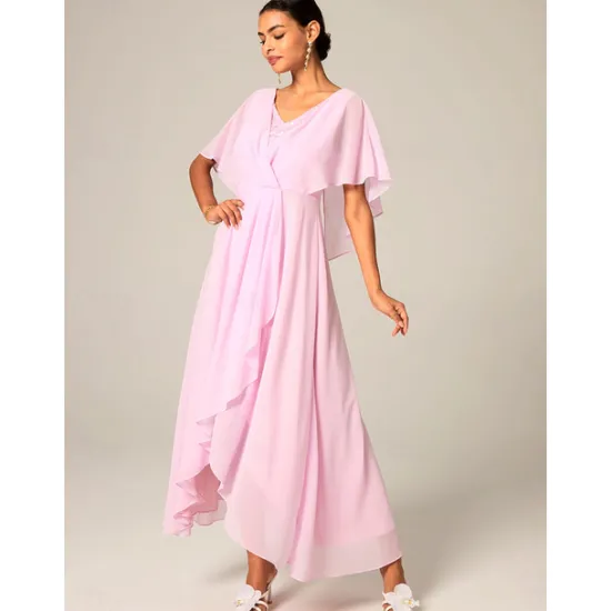 New Women's Wedding Guest Cocktail Dress Chiffon Lace Split Elegant Formal A Line Maxi Dress V Neck Short Sleeve Color Women Cocktail Dress|Chiffon Dresses