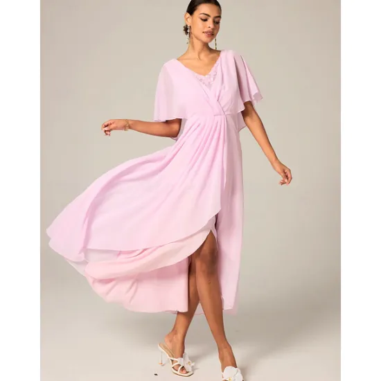 New Women's Wedding Guest Cocktail Dress Chiffon Lace Split Elegant Formal A Line Maxi Dress V Neck Short Sleeve Color Women Cocktail Dress|Chiffon Dresses
