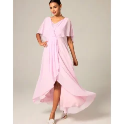 New Women's Wedding Guest Cocktail Dress Chiffon Lace Split Elegant Formal A Line Maxi Dress V Neck Short Sleeve Color Women Cocktail Dress|Chiffon Dresses