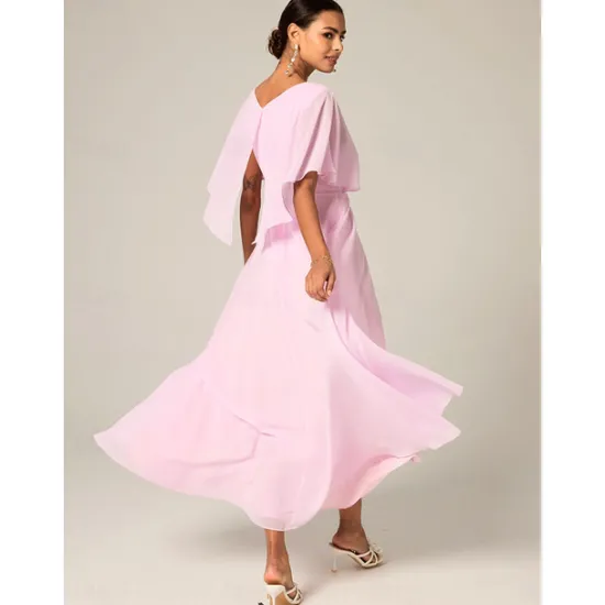 New Women's Wedding Guest Cocktail Dress Chiffon Lace Split Elegant Formal A Line Maxi Dress V Neck Short Sleeve Color Women Cocktail Dress|Chiffon Dresses