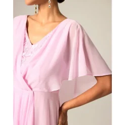New Women's Wedding Guest Cocktail Dress Chiffon Lace Split Elegant Formal A Line Maxi Dress V Neck Short Sleeve Color Women Cocktail Dress|Chiffon Dresses