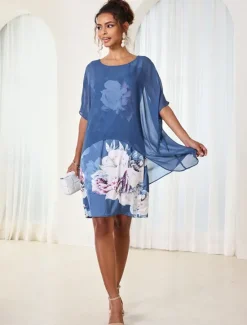 New Women's Wedding Guest Cocktail Dress Chiffon Cover Up Floral Print Tank Dress Set Elegant Formal Summer Midi Dress Crew Neck Sleeveless Women Chiffon Dresses