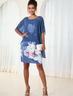 New Women's Wedding Guest Cocktail Dress Chiffon Cover Up Floral Print Tank Dress Set Elegant Formal Summer Midi Dress Crew Neck Sleeveless Women Chiffon Dresses